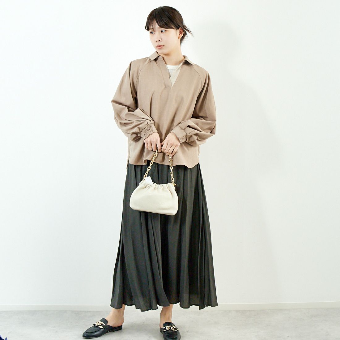 Jf Ready Made [ジェイエフレディメイド] エアリースカート [963-28109] 08 ﾁｬｺｰﾙ &&モデル身長：167cm 着用サイズ：F&&