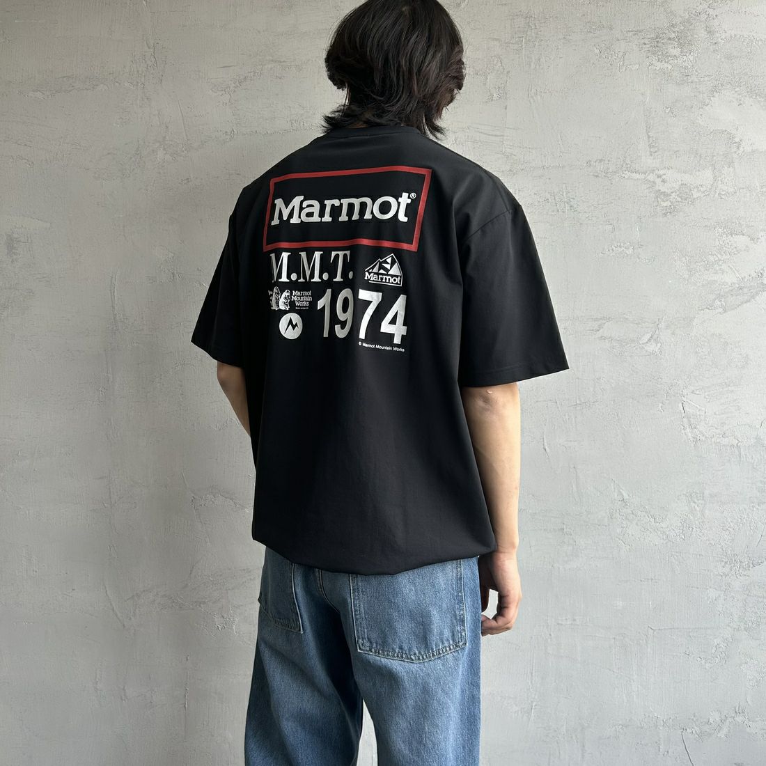 Marmot [マーモット] 別注 ドローコード付き ヒストリーバックプリントTシャツ [MTSS25MST330IN-JF] BLACK &&モデル身長：179cm 着用サイズ：L&&
