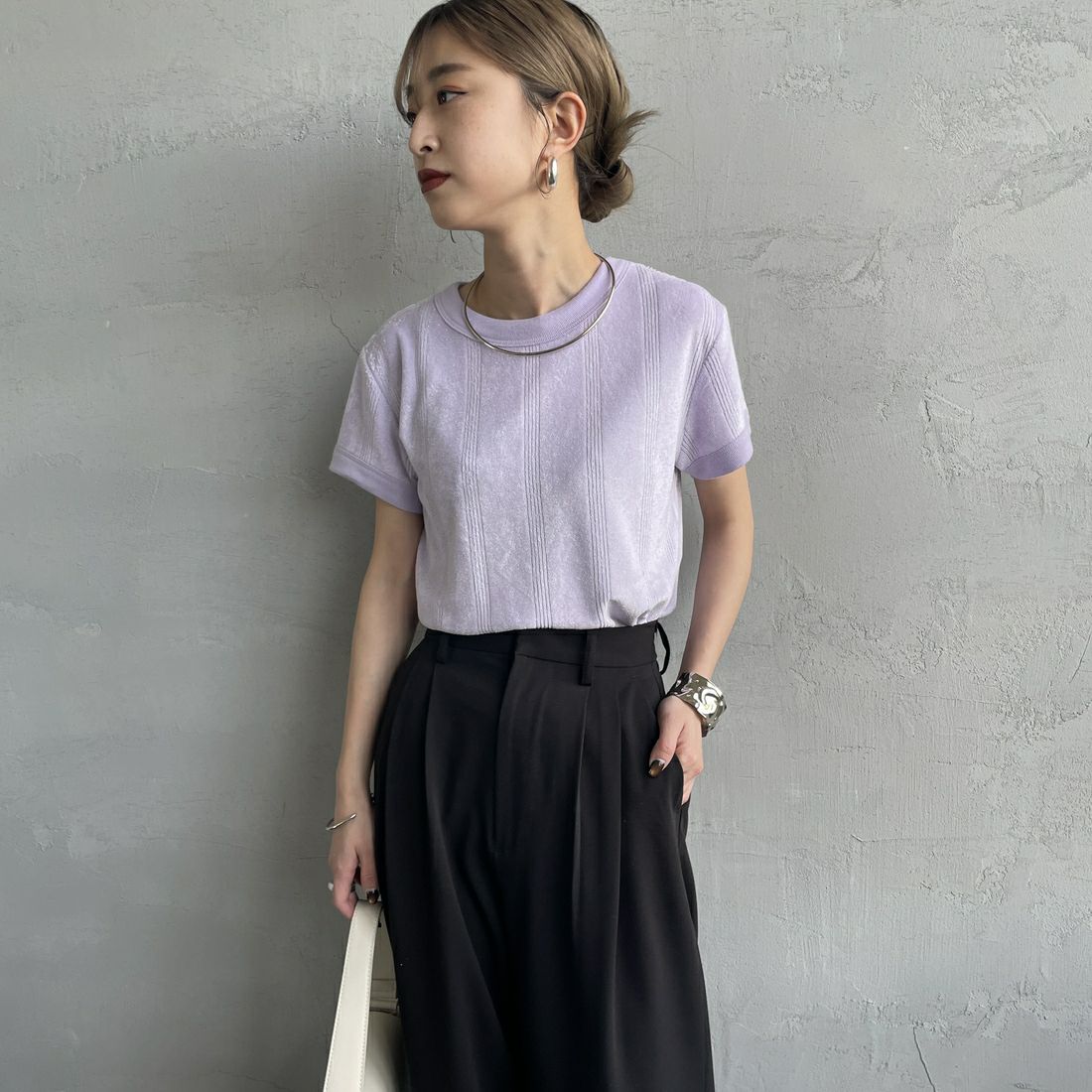 Robert P.Miller [ロバートピーミラー] レーヨンパイルTシャツ [RM251-2214] LILAS &&モデル身長：150cm 着用サイズ：F&&