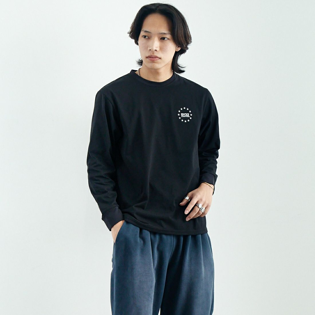 SY32 [エスワイサーティトゥ] マルチロゴバックプリントTシャツ [15071J] BLACK &&モデル身長：179cm 着用サイズ：M&&