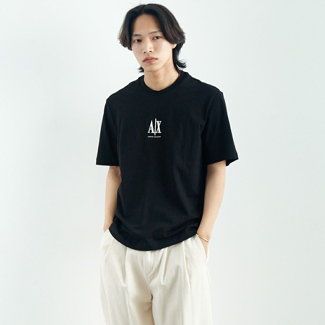 ARMANI EXCHANGE [アルマーニ エクスチェンジ] 半袖クルーネックTシャツ [XM000363] BLACK &&モデル身長：179cm 着用サイズ：M&&