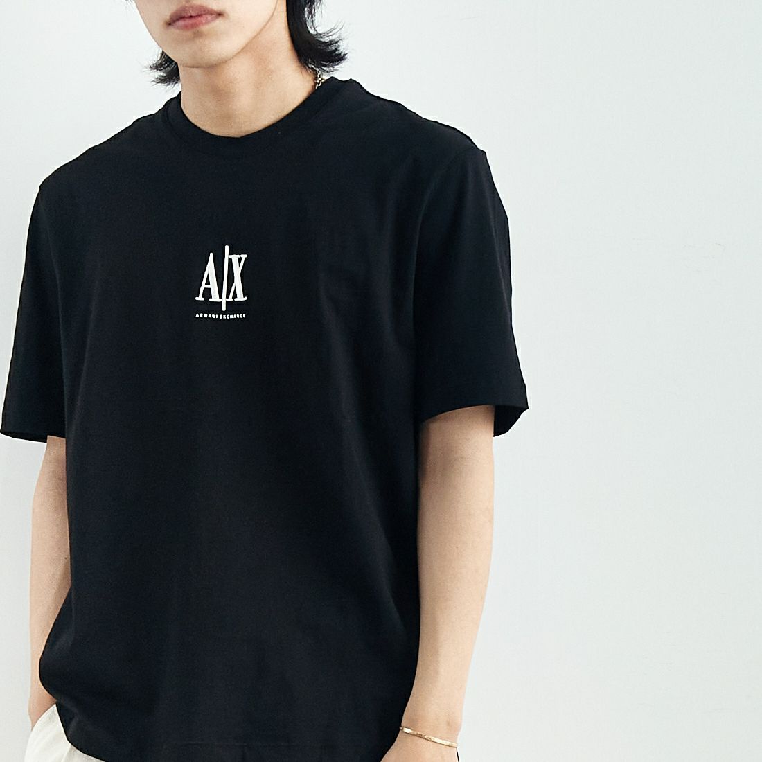 ARMANI EXCHANGE [アルマーニ エクスチェンジ] 半袖クルーネックTシャツ [XM000363] BLACK &&モデル身長：179cm 着用サイズ：M&&