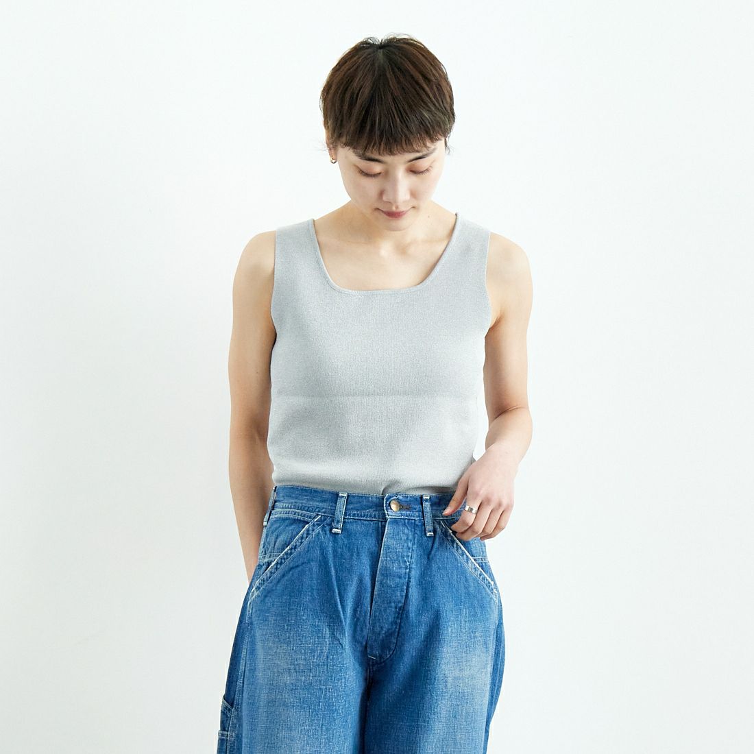 CLOCHE [クロシェ] スクエアニットタンク [51285516] ｸﾞﾚｰ &&モデル身長：160cm 着用サイズ：2&&