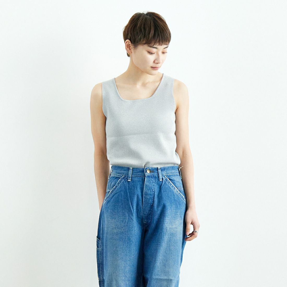 CLOCHE [クロシェ] スクエアニットタンク [51285516] ｸﾞﾚｰ &&モデル身長：160cm 着用サイズ：2&&