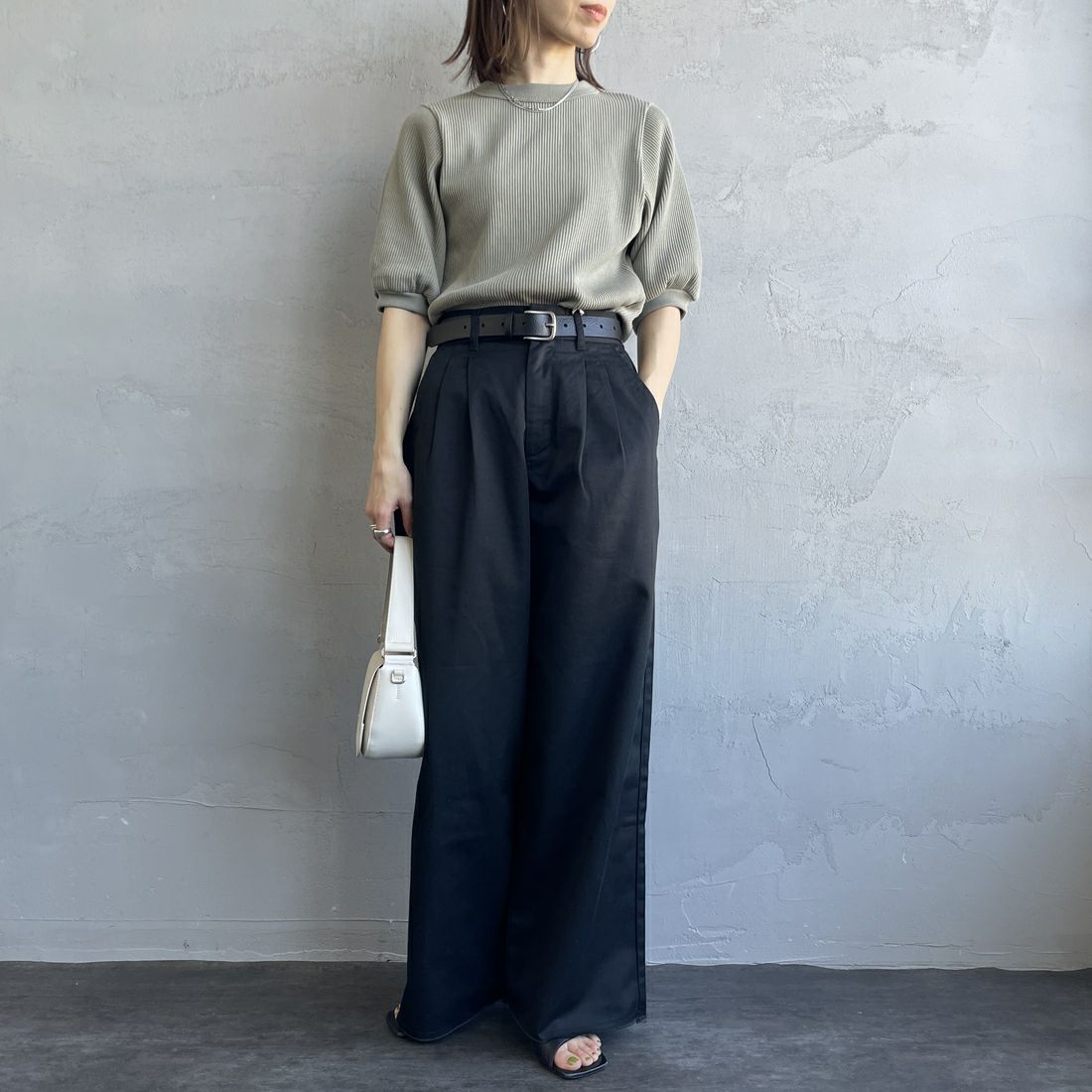 Americana [アメリカーナ] ヴィンテージリブ ショートスリーブTシャツ [BRF-749A] ｾｰｼﾞｸﾞﾘｰﾝ &&モデル身長：158cm 着用サイズ：ONE SIZE&&