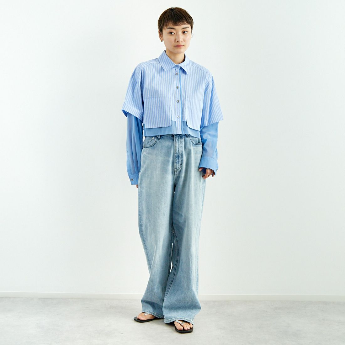 MAISON SPECIAL [メゾンスペシャル] シアーレイヤードショートシャツ [21251315207] BLU &&モデル身長：160cm 着用サイズ：F&&