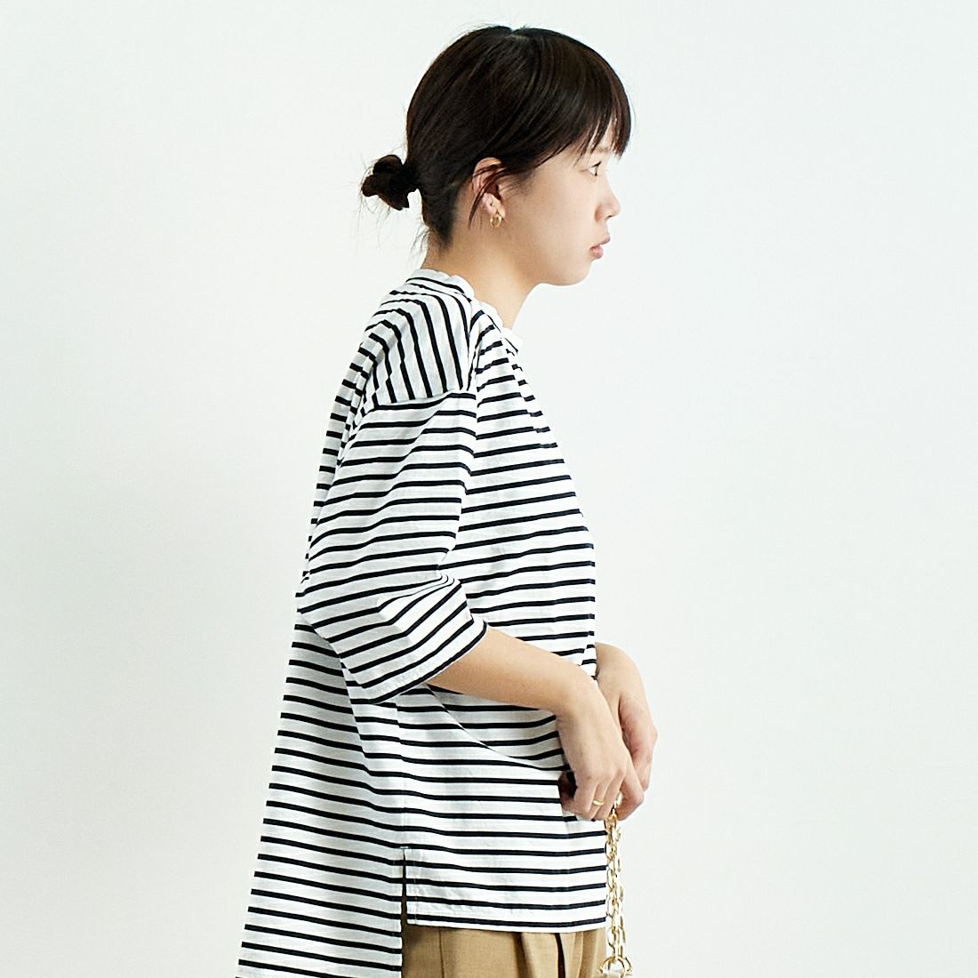 Commencement [コメンスメント] ボーダーローネック七分袖Tシャツ [C-186B] WHITE/NAVY &&モデル身長：167cm 着用サイズ：F&&