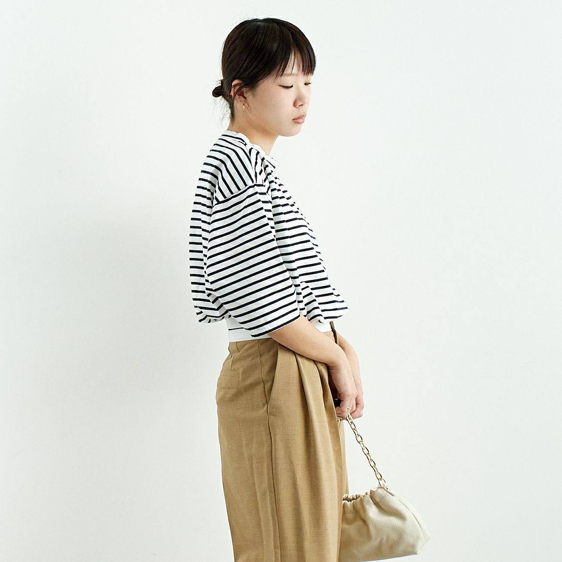 Commencement [コメンスメント] ボーダーローネック七分袖Tシャツ [C-186B] WHITE/NAVY &&モデル身長：167cm 着用サイズ：F&&