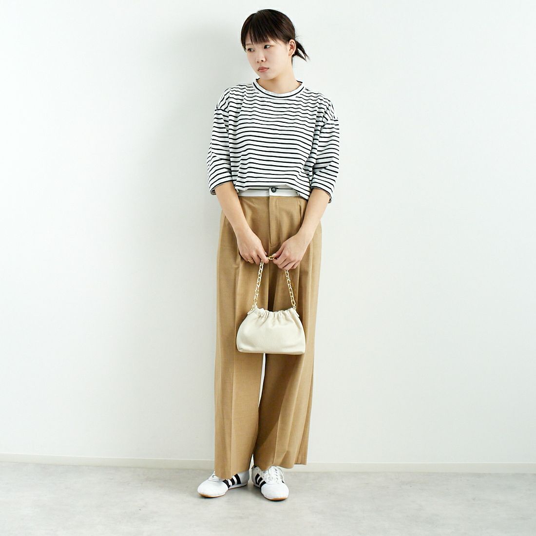 Commencement [コメンスメント] ボーダーローネック七分袖Tシャツ [C-186B] WHITE/NAVY &&モデル身長：167cm 着用サイズ：F&&