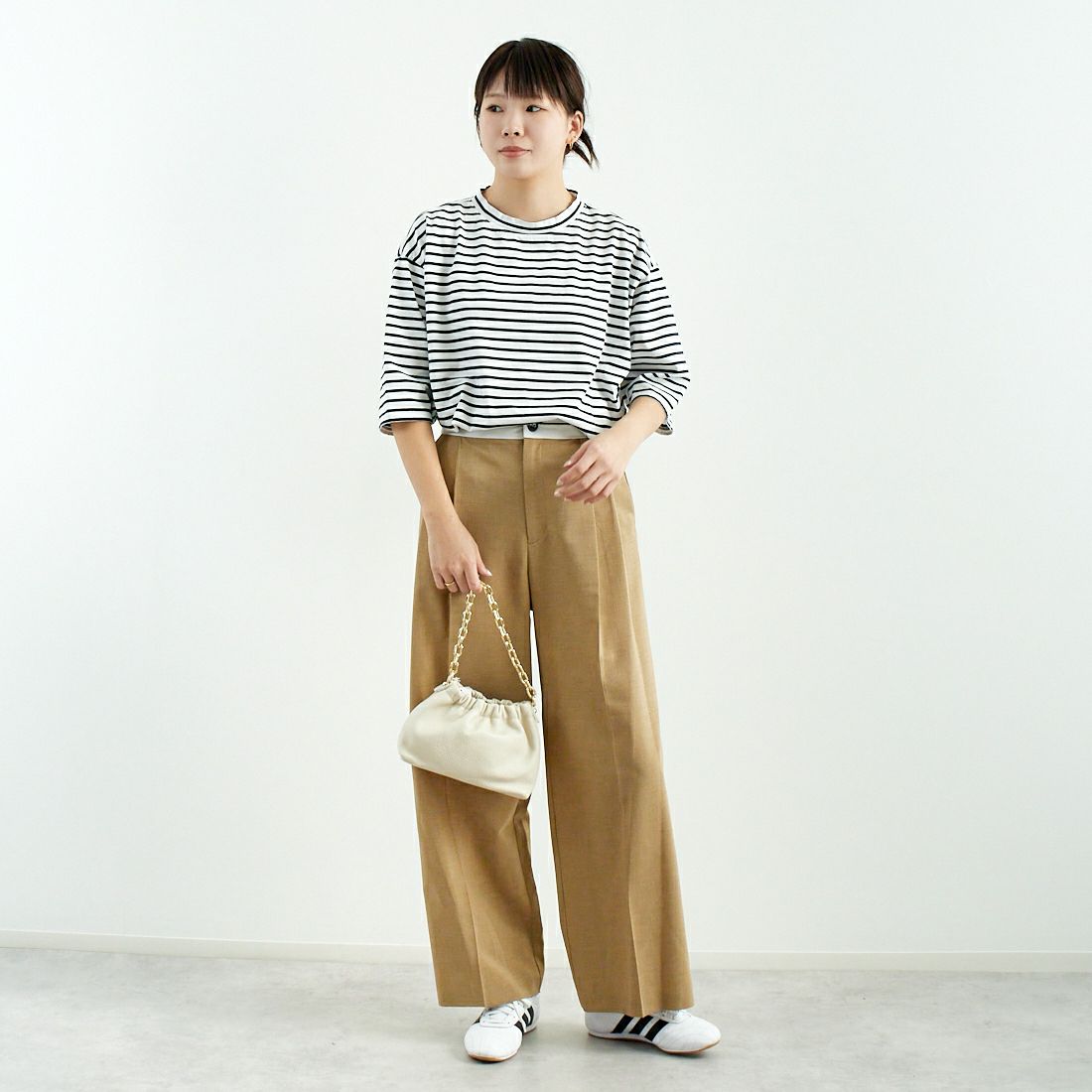 Commencement [コメンスメント] ボーダーローネック七分袖Tシャツ [C-186B] WHITE/NAVY &&モデル身長：167cm 着用サイズ：F&&