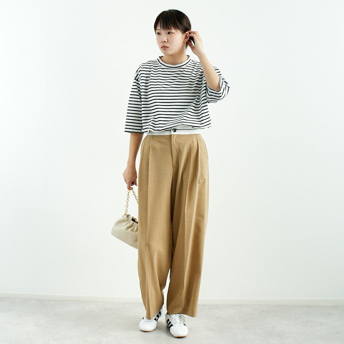 Commencement [コメンスメント] ボーダーローネック七分袖Tシャツ [C-186B] WHITE/NAVY &&モデル身長：167cm 着用サイズ：F&&