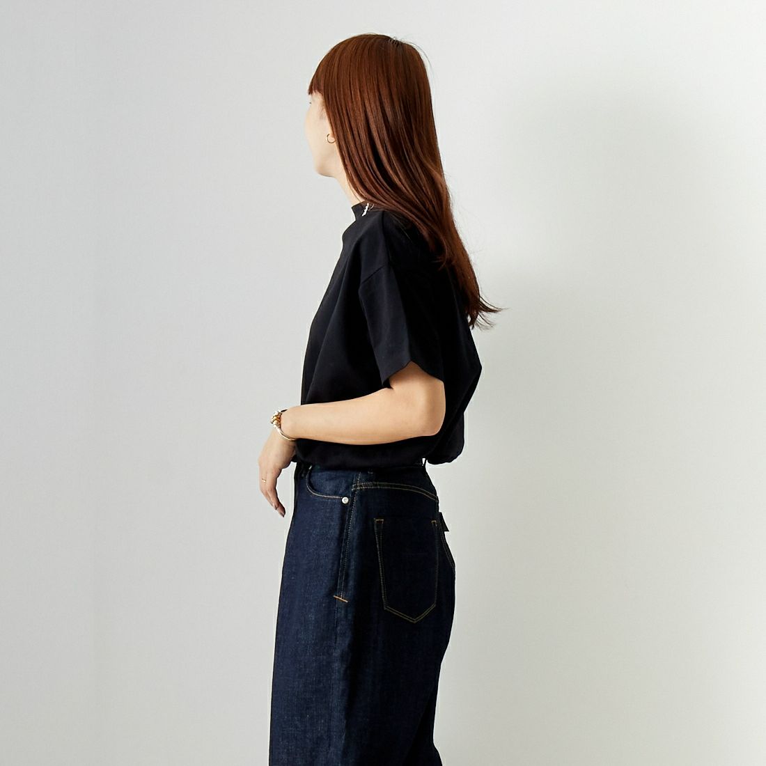 Commencement [コメンスメント] ボトルネックショートスリーブTシャツ [C-187] BLACK &&モデル身長：167cm 着用サイズ：F&&