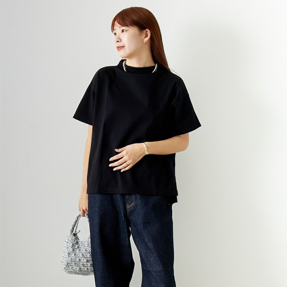 Commencement [コメンスメント] ボトルネックショートスリーブTシャツ [C-187] BLACK &&モデル身長：167cm 着用サイズ：F&&