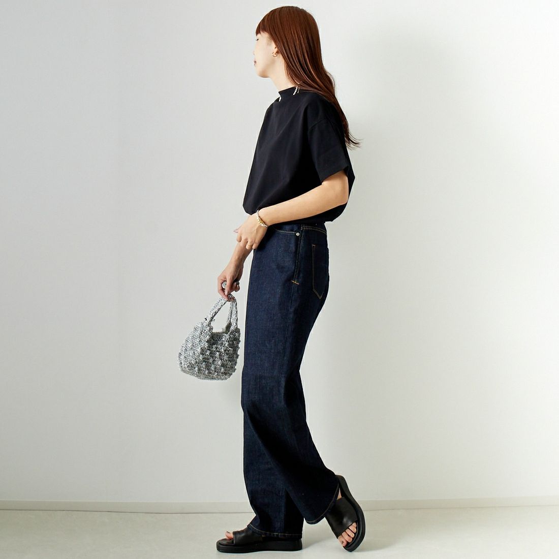 Commencement [コメンスメント] ボトルネックショートスリーブTシャツ [C-187] BLACK &&モデル身長：167cm 着用サイズ：F&&
