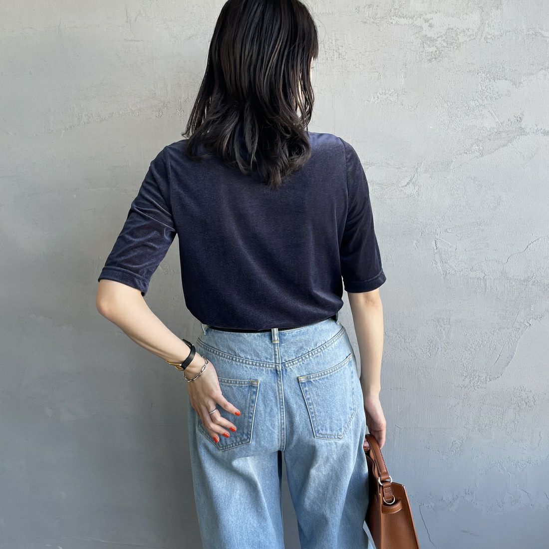 Jeans Factory Clothes [ジーンズファクトリークローズ] シアーベロア ショートスリーブカットソー [21254064] 076 ﾈｲﾋﾞｰ &&モデル身長：160cm 着用サイズ：F&&