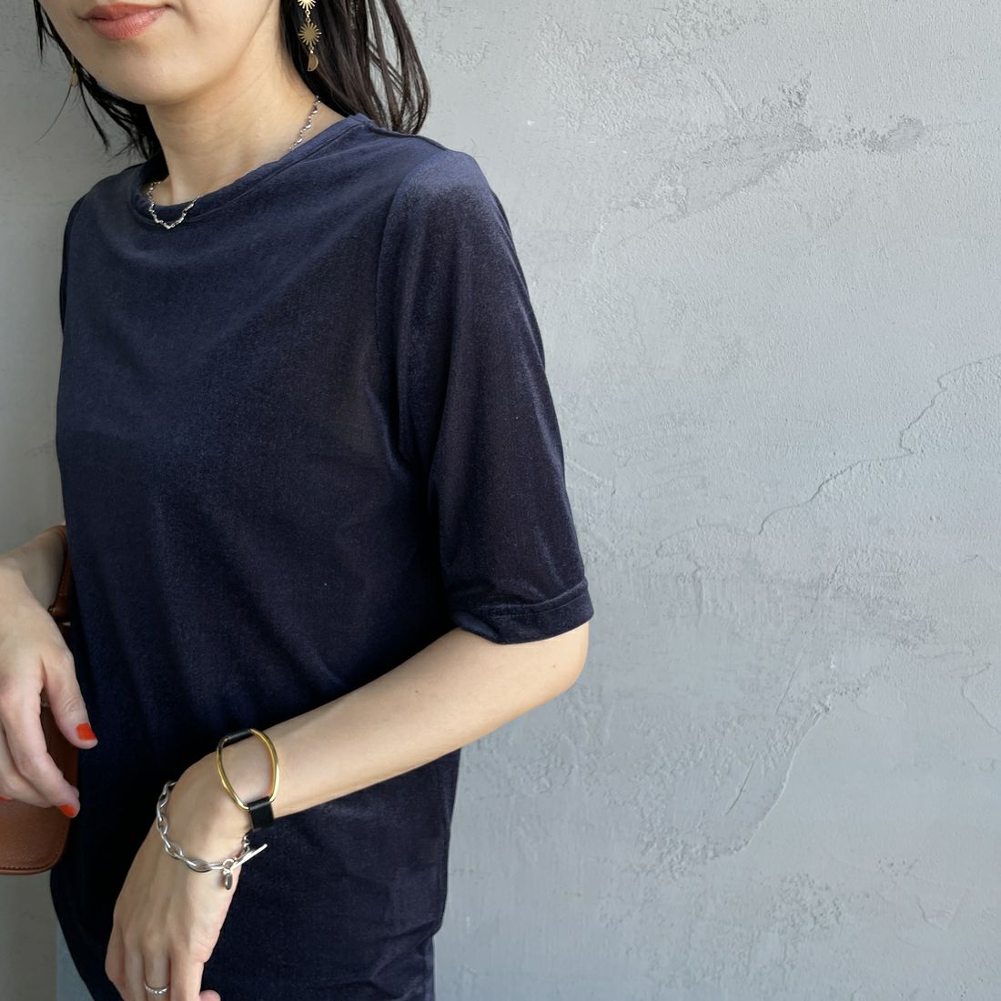 Jeans Factory Clothes [ジーンズファクトリークローズ] シアーベロア ショートスリーブカットソー [21254064] 076 ﾈｲﾋﾞｰ &&モデル身長：160cm 着用サイズ：F&&