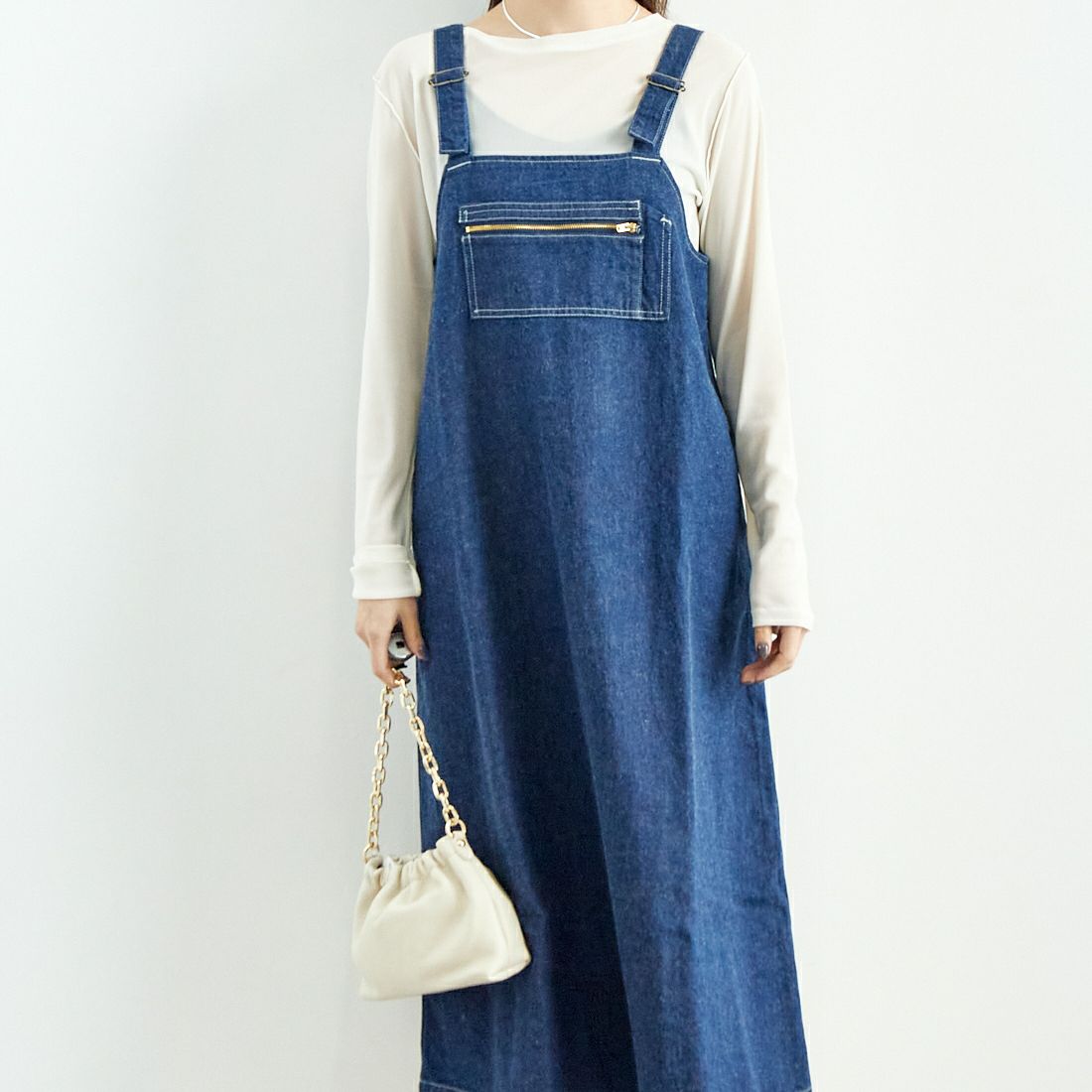 DANTON [ダントン] デニム オーバーオールスカート [DT-F0009KDM] INDIGO &&モデル身長：167cm 着用サイズ：36&&