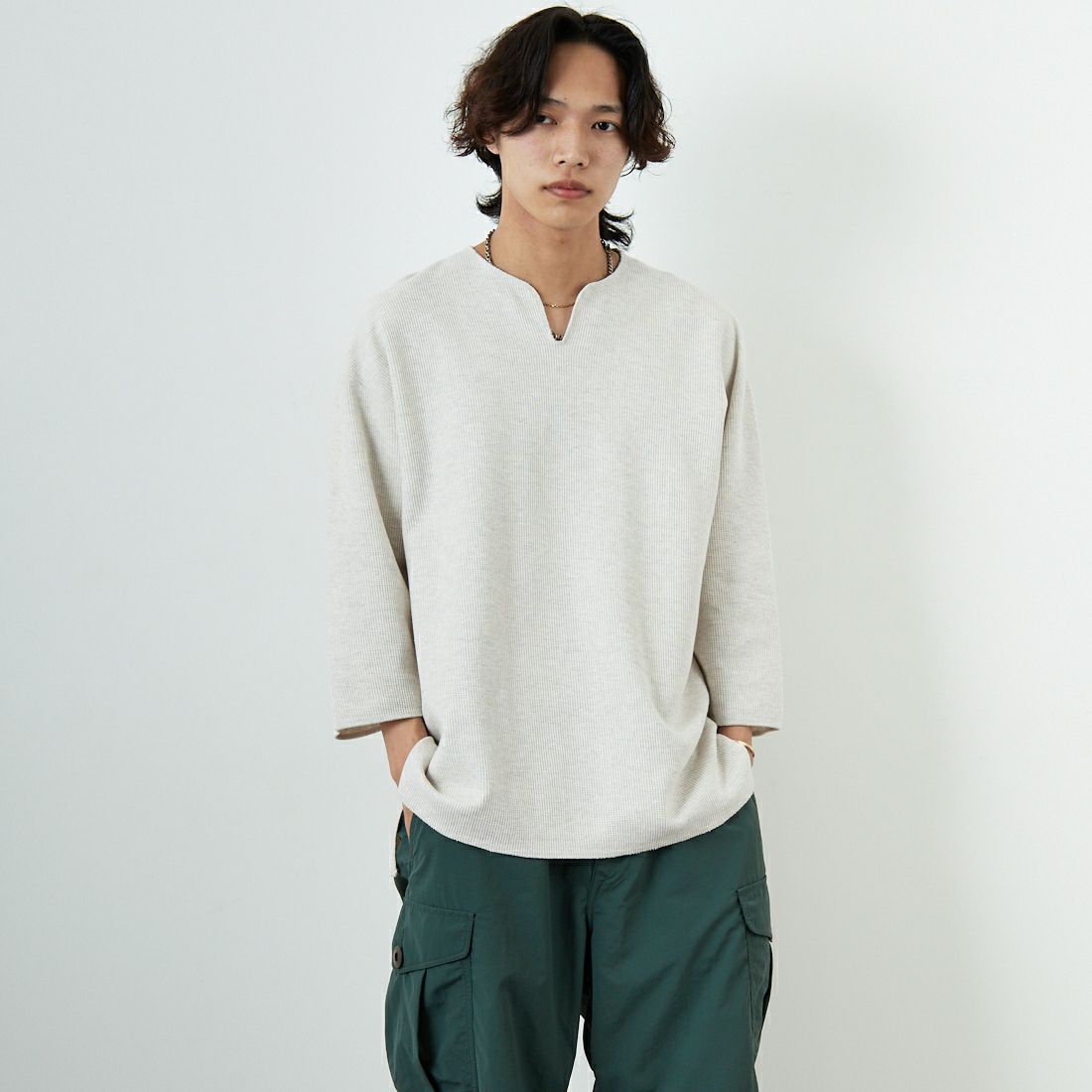 blurhms ROOTSTOCK [ブラームス ルーツストック] 別注 ラフ&スムース サーマル オーバーネック 7分袖Tシャツ [BROOTS24SJF01S25] OATMEAL