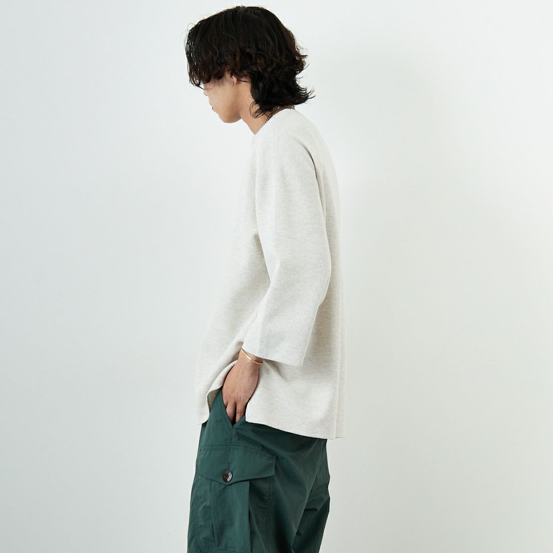 blurhms ROOTSTOCK [ブラームス ルーツストック] 別注 ラフ&スムース サーマル オーバーネック 7分袖Tシャツ [BROOTS24SJF01S25] OATMEAL &&モデル身長：179cm 着用サイズ：3&&