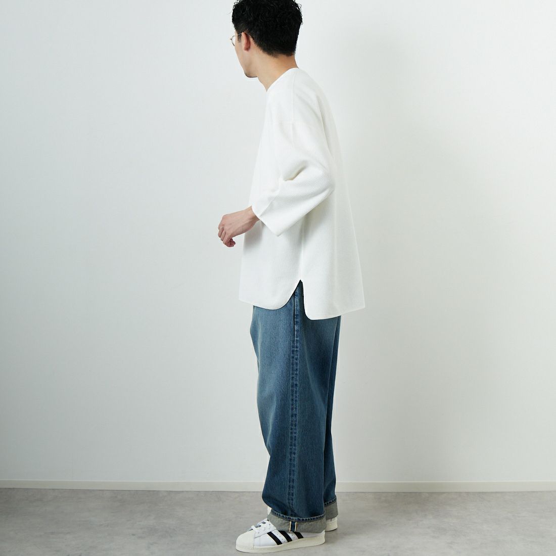 blurhms ROOTSTOCK [ブラームス ルーツストック] 別注 ラフ&スムース サーマル オーバーネック 7分袖Tシャツ [BROOTS24SJF01S25] OFF WHITE &&モデル身長：168cm 着用サイズ：3&&
