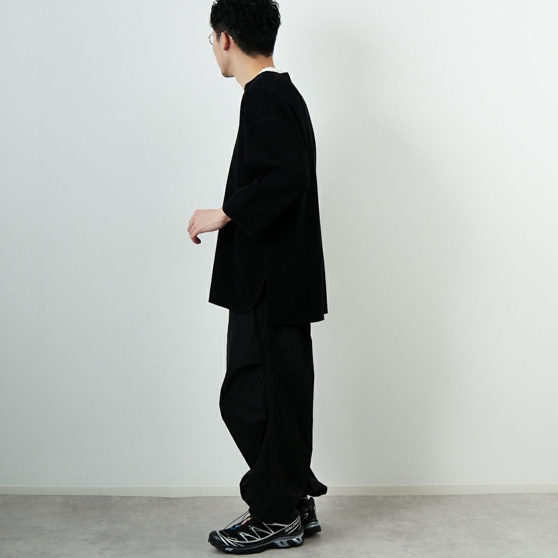 blurhms ROOTSTOCK [ブラームス ルーツストック] 別注 ラフ&スムース サーマル オーバーネック 7分袖Tシャツ [BROOTS24SJF01S25] OFF BLACK &&モデル身長：168cm 着用サイズ：3&&