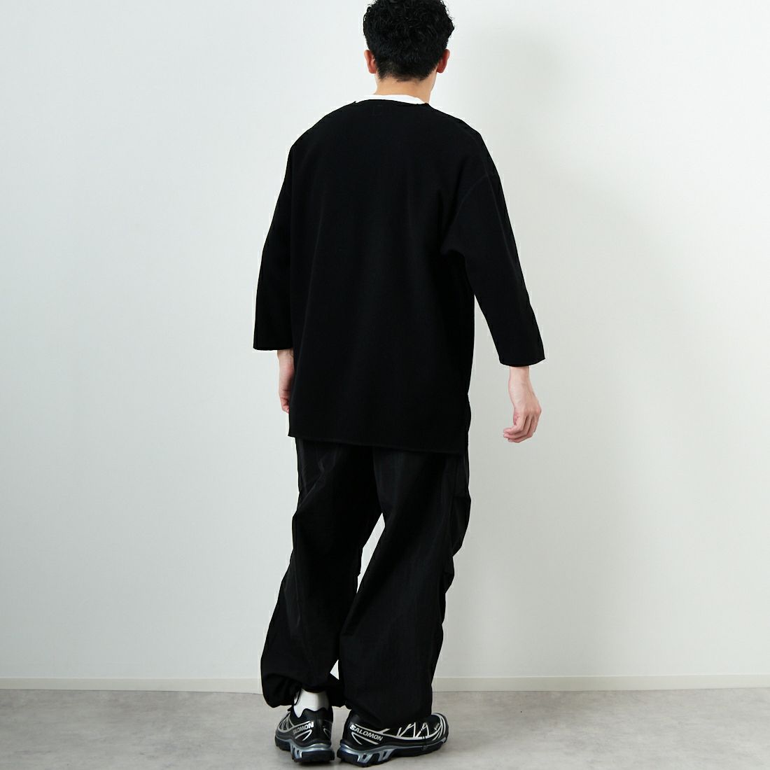 blurhms ROOTSTOCK [ブラームス ルーツストック] 別注 ラフ&スムース サーマル オーバーネック 7分袖Tシャツ [BROOTS24SJF01S25] OFF BLACK &&モデル身長：168cm 着用サイズ：3&&