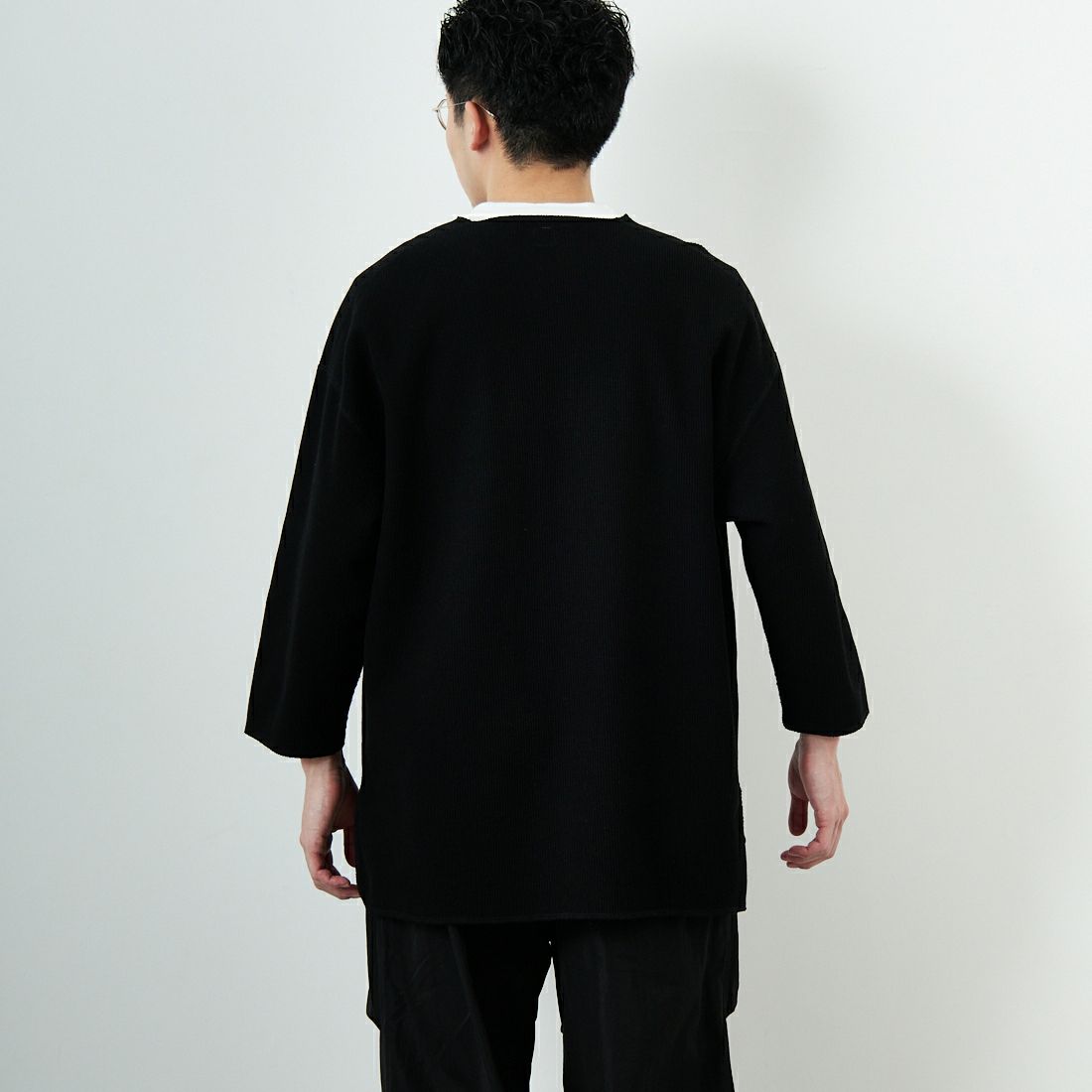 blurhms ROOTSTOCK [ブラームス ルーツストック] 別注 ラフ&スムース サーマル オーバーネック 7分袖Tシャツ [BROOTS24SJF01S25] OFF BLACK &&モデル身長：168cm 着用サイズ：3&&