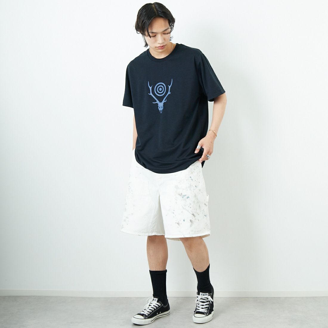 South2West8 [サウスツーウエストエイト] ショートスリーブクルーネックTシャツ [QV668] B BLACK &&モデル身長：179cm 着用サイズ：M&&
