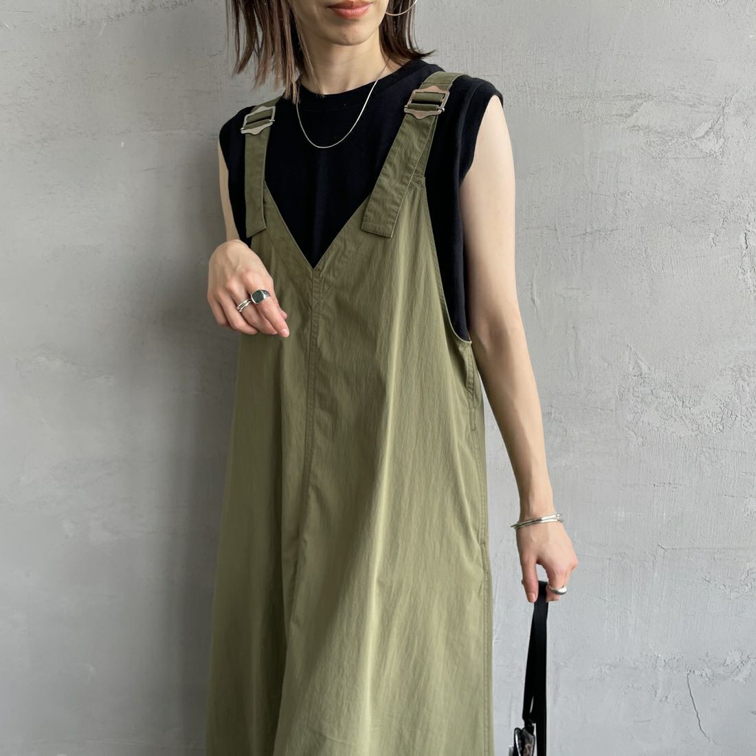 DANTON [ダントン] サロペットスカート [DT-F0048NCP] OLIVE &&モデル身長：158cm 着用サイズ：36&&