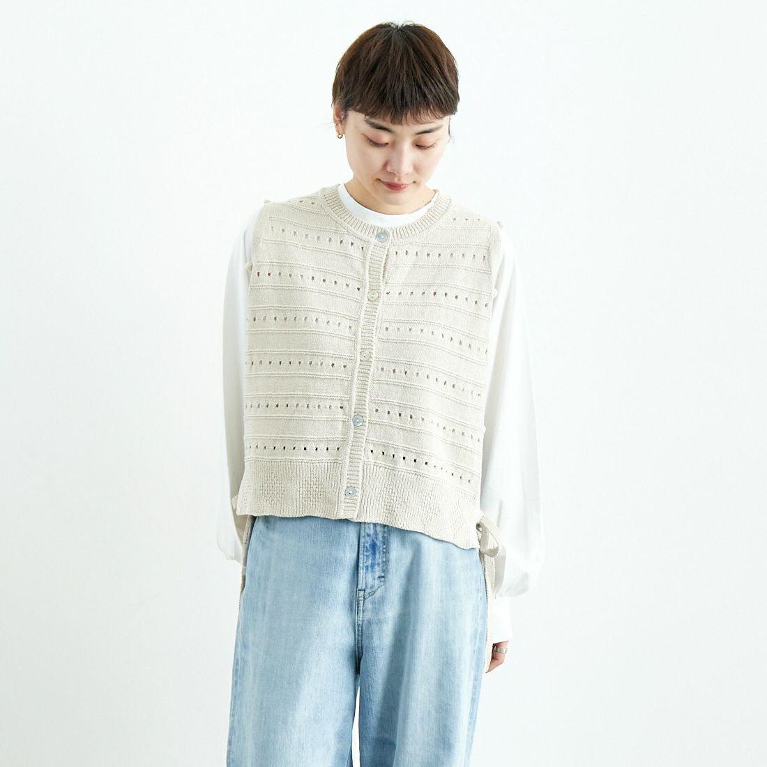 tumugu: [ツムグ] リリヤーンリネンコットンベスト [TK25104] 06 KINARI &&モデル身長：160cm 着用サイズ：F&&