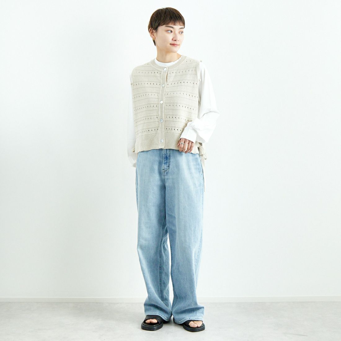 tumugu: [ツムグ] リリヤーンリネンコットンベスト [TK25104] 06 KINARI &&モデル身長：160cm 着用サイズ：F&&