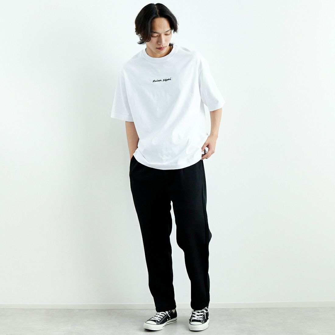 MAISON KITSUNE [メゾン キツネ] エンブロイダリー オーバーサイズTシャツ [OM00122KJ0119] P100 WHITE &&モデル身長：179cm 着用サイズ：M&&