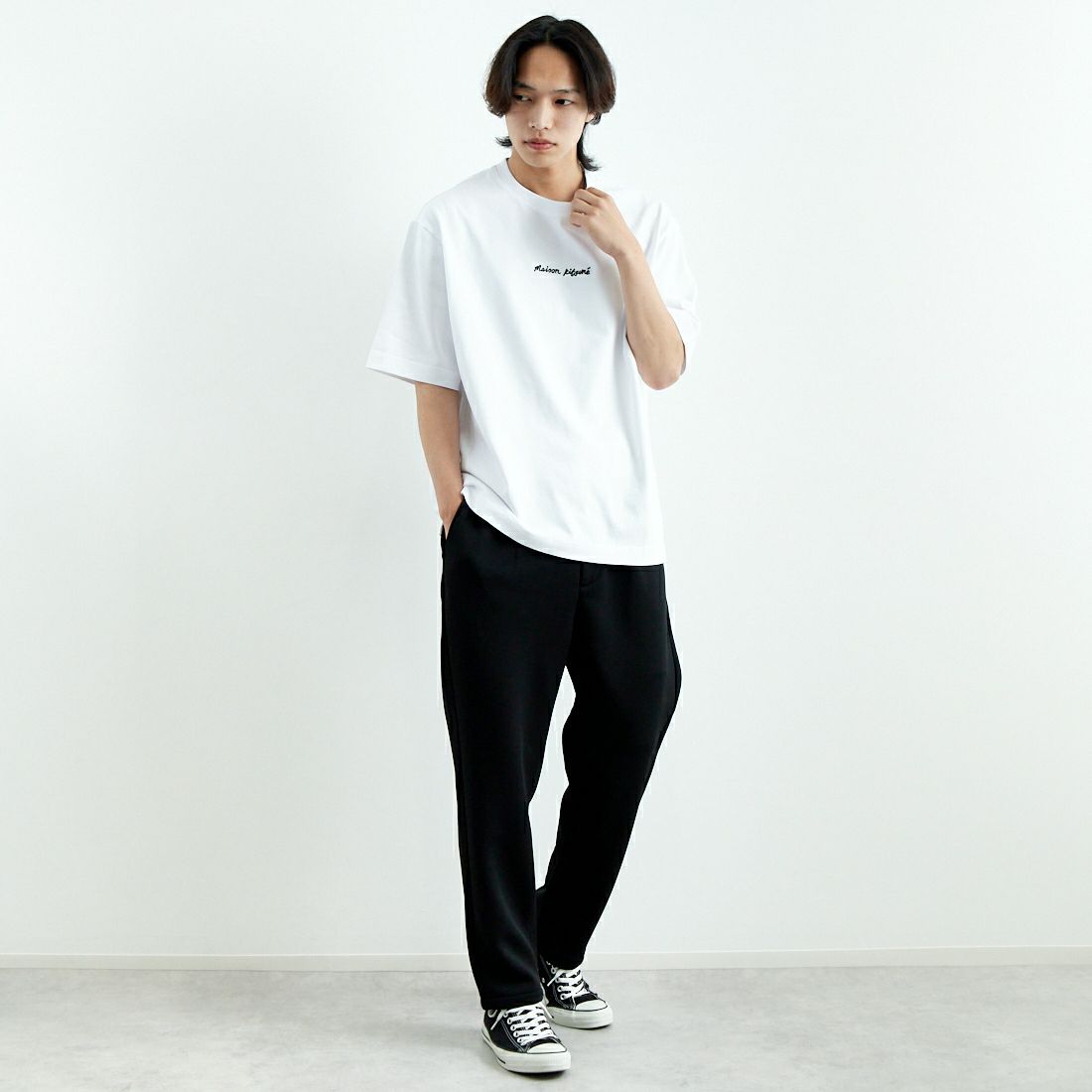 MAISON KITSUNE [メゾン キツネ] エンブロイダリー オーバーサイズTシャツ [OM00122KJ0119] P100 WHITE &&モデル身長：179cm 着用サイズ：M&&