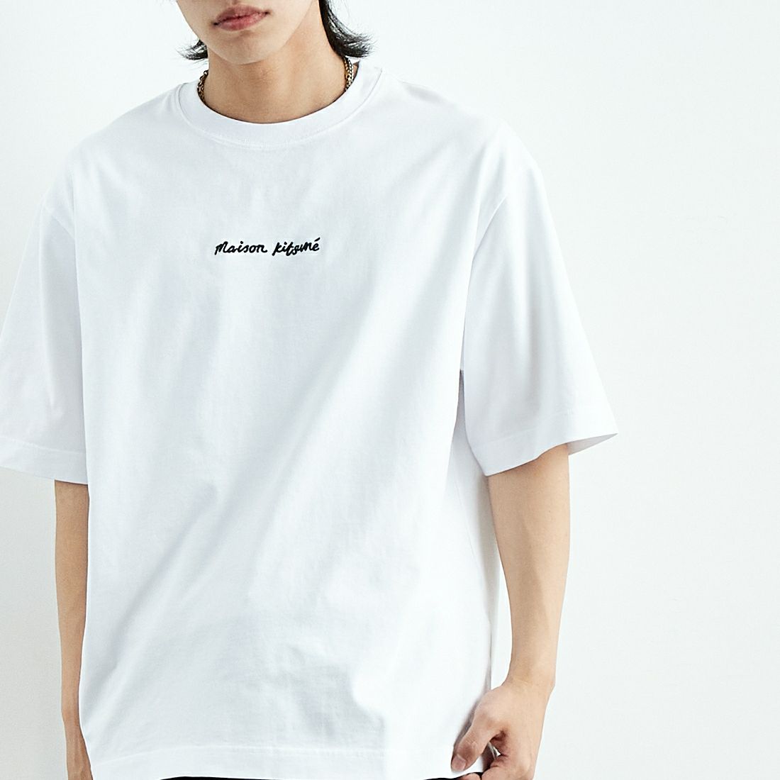 MAISON KITSUNE [メゾン キツネ] エンブロイダリー オーバーサイズTシャツ [OM00122KJ0119] P100 WHITE &&モデル身長：179cm 着用サイズ：M&&
