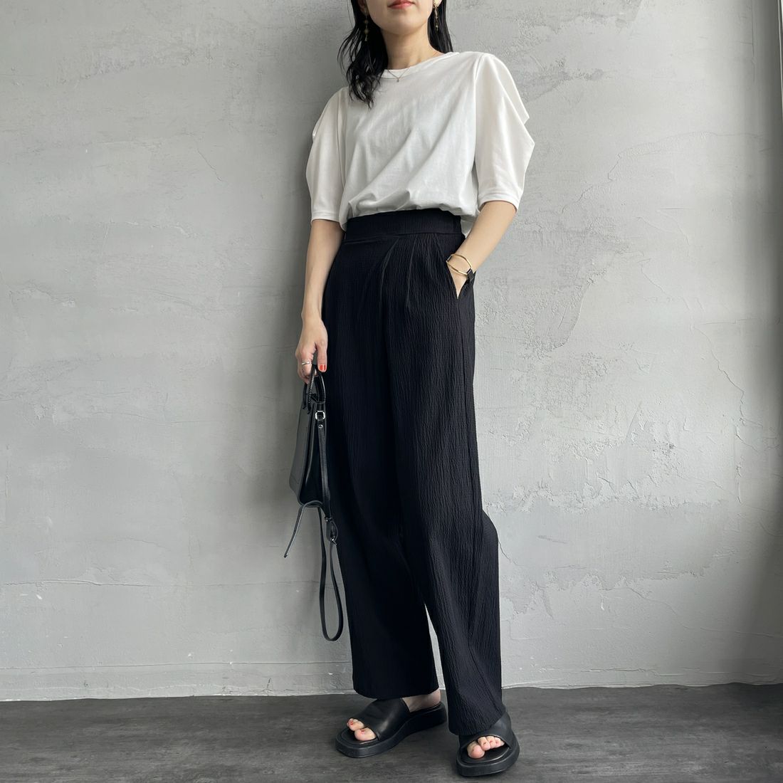 mizuiro ind [ミズイロインド] ドレープスリーブTシャツ [1-210066] 11 O.WHITE  &&モデル身長：160cm 着用サイズ：F&&