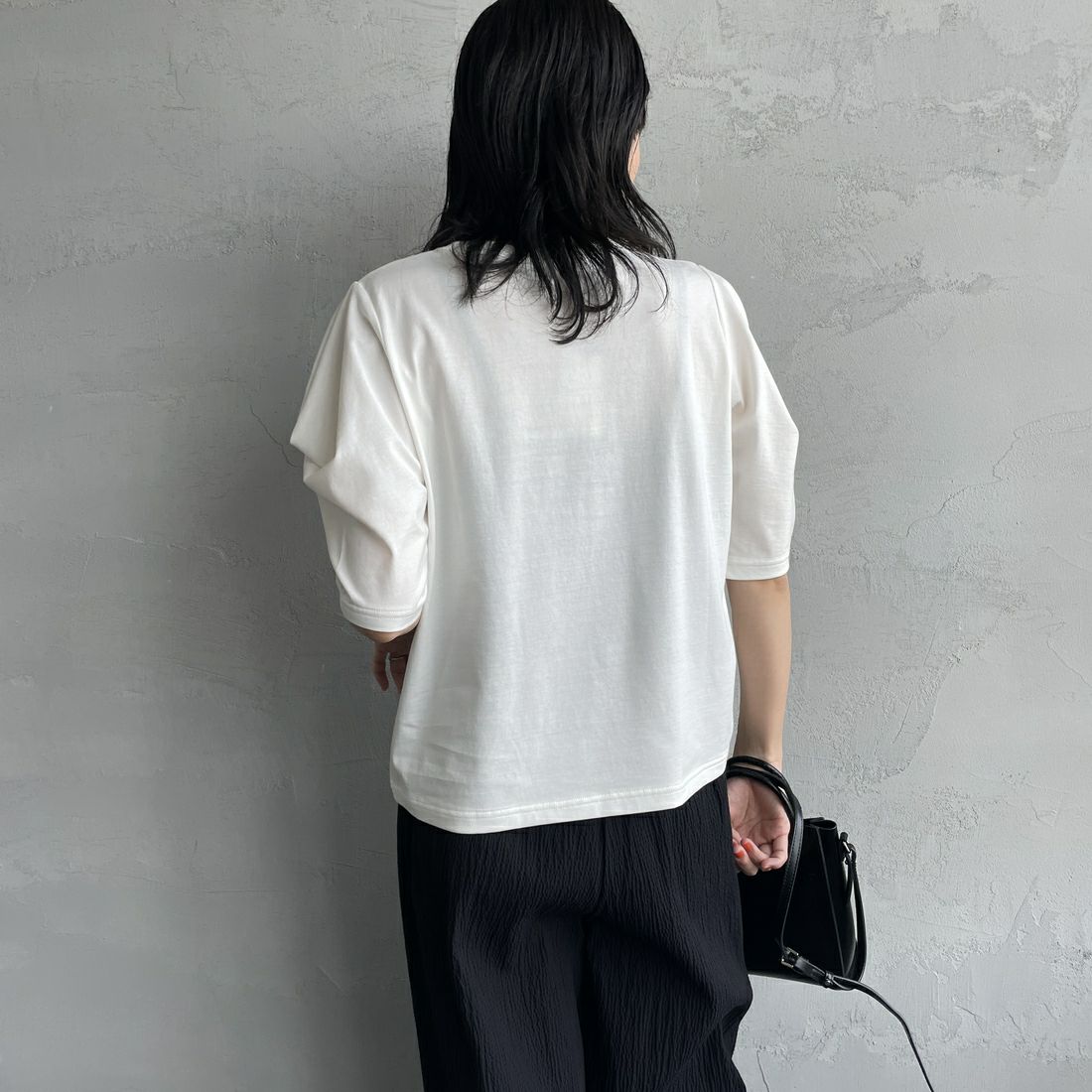 mizuiro ind [ミズイロインド] ドレープスリーブTシャツ [1-210066] 11 O.WHITE  &&モデル身長：160cm 着用サイズ：F&&