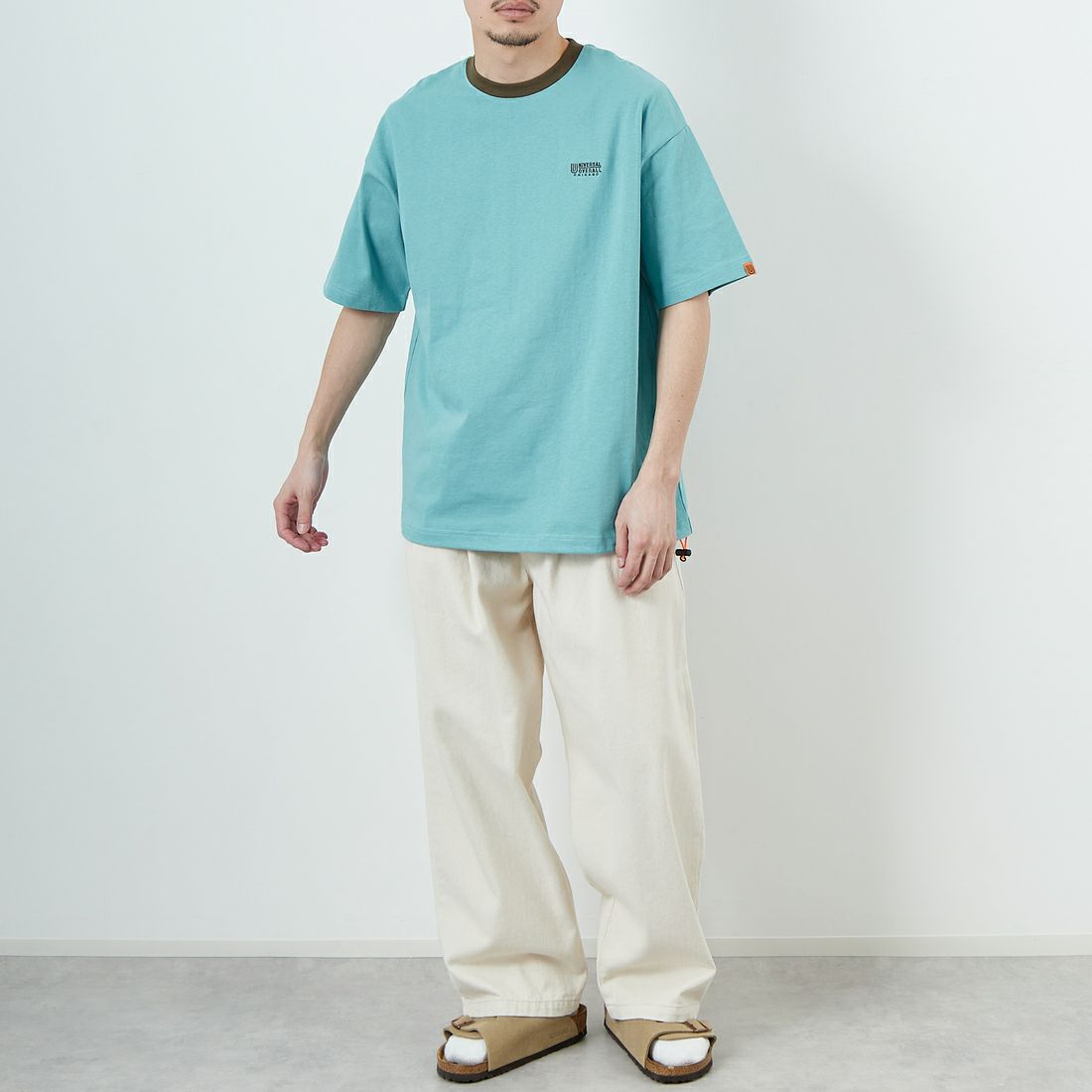 UNIVERSAL OVERALL [ユニバーサルオーバーオール] 別注 ドローコード付き ワイドシルエットTシャツ [U2513282IN-JF] SAX/KHK &&モデル身長：167cm 着用サイズ：M&&