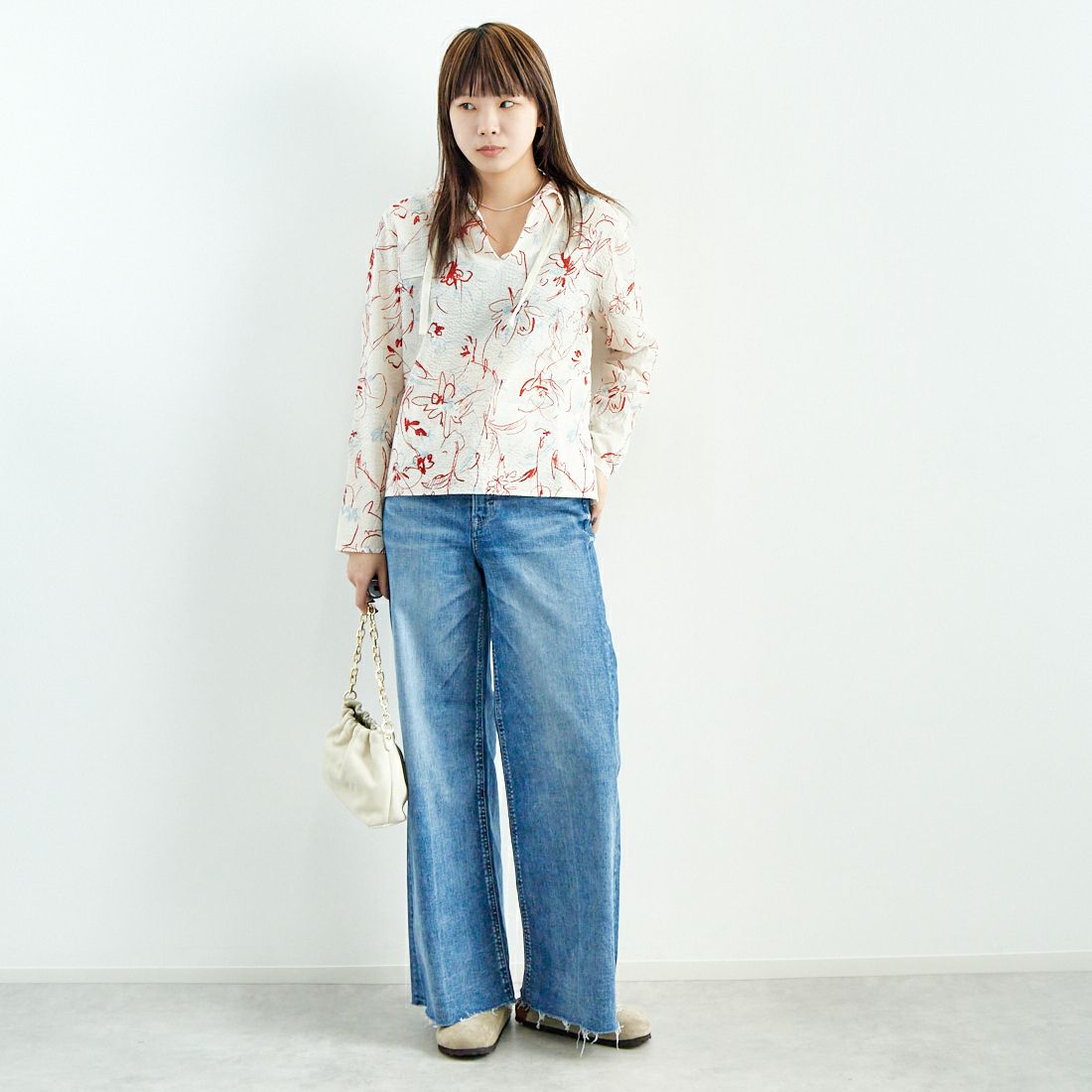 YANUK [ヤヌーク] ワイドフレアデニムパンツ [57134307] CVL &&モデル身長：167cm 着用サイズ：24&&