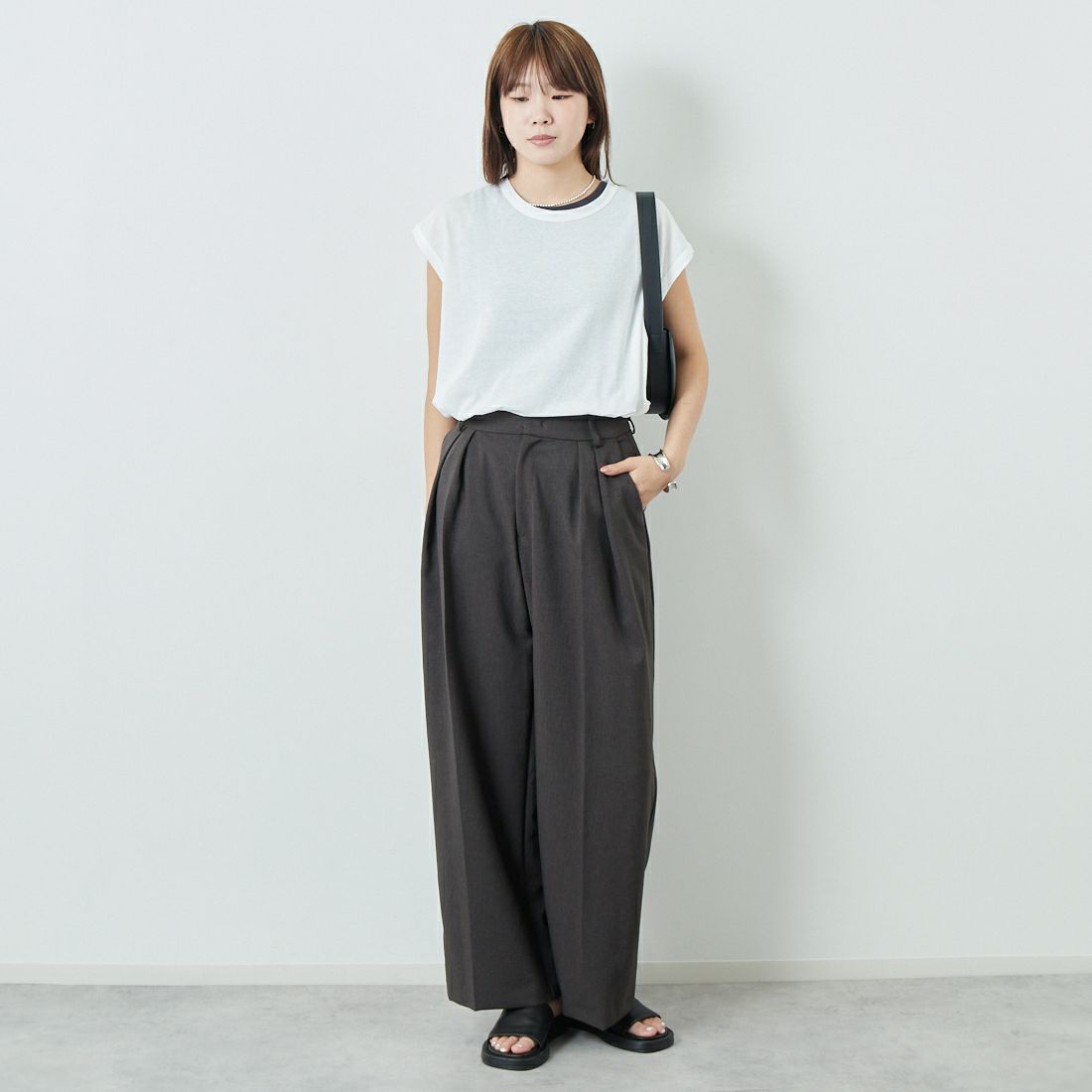 soil [ソイル] ジョーゼットジャージー フレンチスリーブTシャツ [GNSL25053] 9100 OFF &&モデル身長：167cm 着用サイズ：F&&