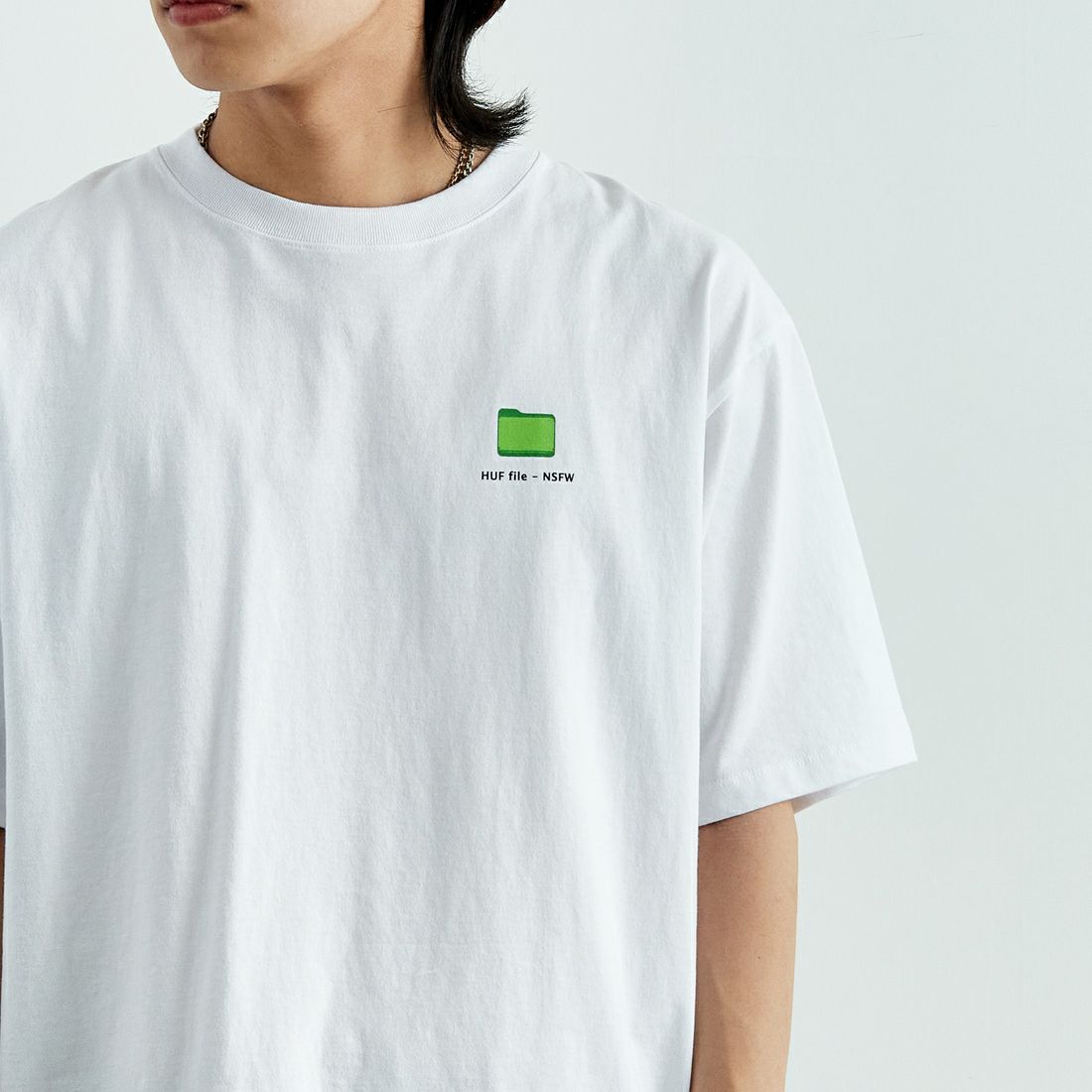 HUF [ハフ] デスクトップ ショートスリーブTシャツ [TS02400] WHITE &&モデル身長：179cm 着用サイズ：L&&
