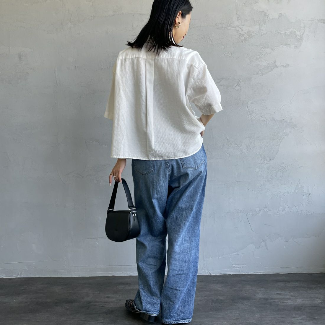 FRED PERRY [フレッドペリー] シアサッカー ショートスリーブシャツブラウス [G9179] 129 SNOW W &&モデル身長：163cm 着用サイズ：10&&