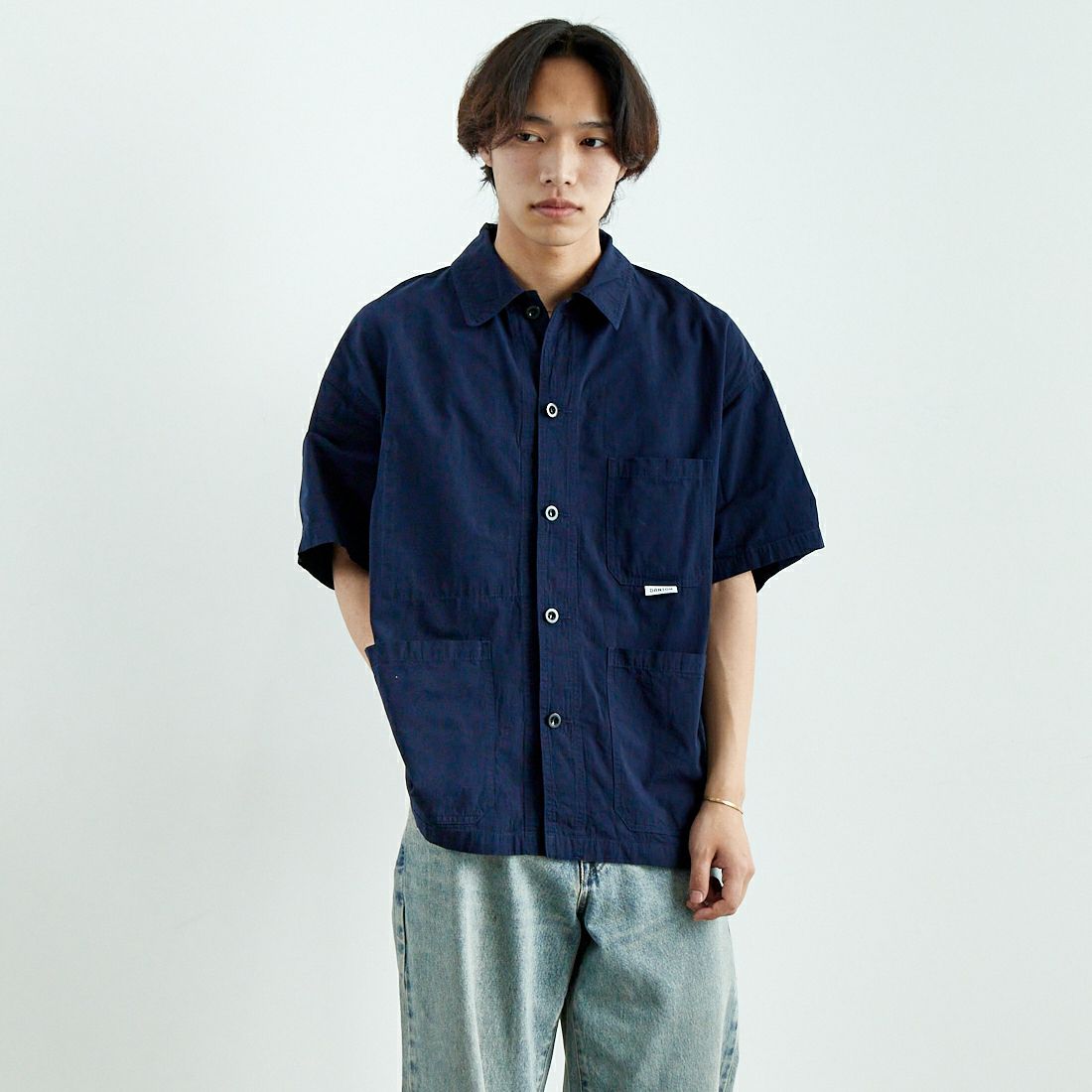 DANTON [ダントン] 半袖カバーオールシャツ [DT-B0239MUG] NAVY &&モデル身長：179cm 着用サイズ：40&&