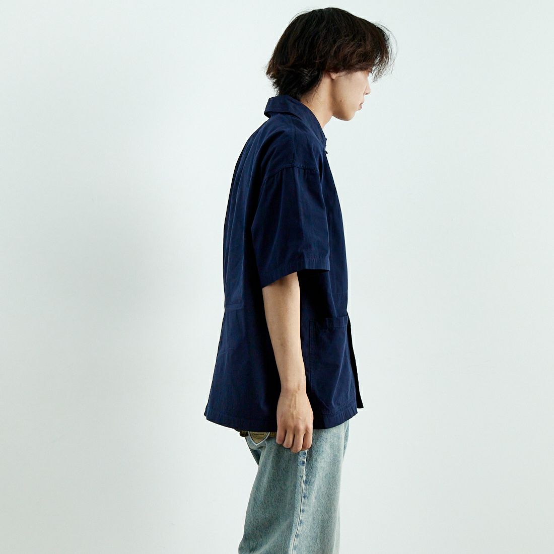 DANTON [ダントン] 半袖カバーオールシャツ [DT-B0239MUG] NAVY &&モデル身長：179cm 着用サイズ：40&&