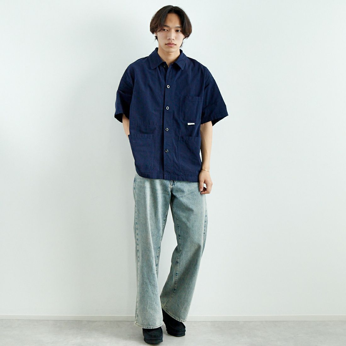 DANTON [ダントン] 半袖カバーオールシャツ [DT-B0239MUG] NAVY &&モデル身長：179cm 着用サイズ：40&&