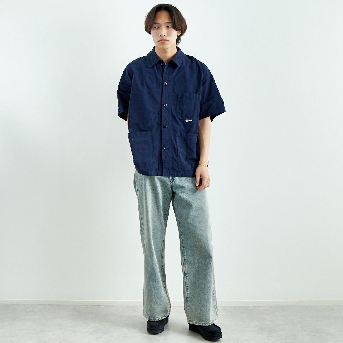 DANTON [ダントン] 半袖カバーオールシャツ [DT-B0239MUG] NAVY &&モデル身長：179cm 着用サイズ：40&&