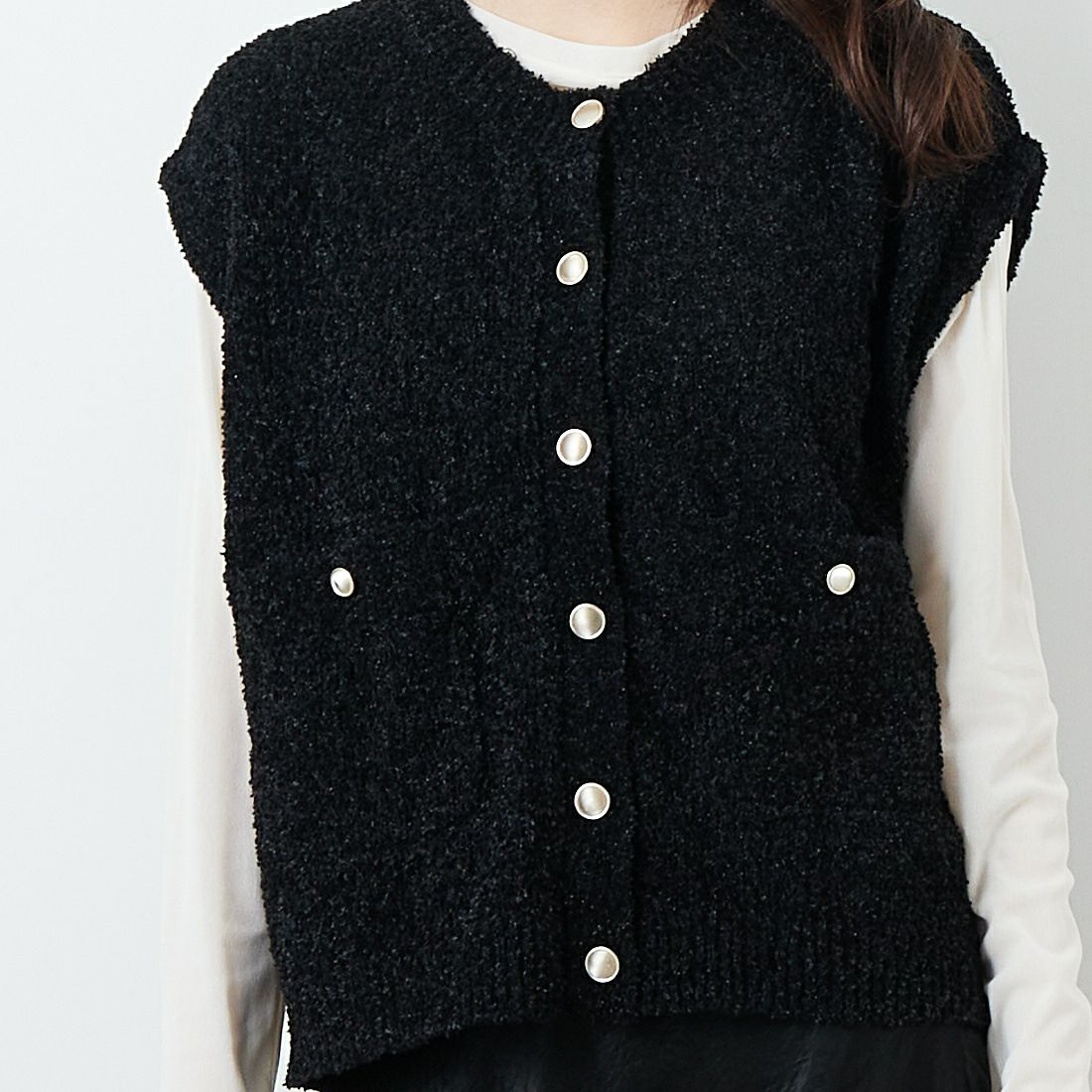 Jeans Factory Clothes [ジーンズファクトリークローズ] 7Gファンシーギマベスト [11254803]ﾌﾞﾗｯｸ &&モデル身長：167cm 着用サイズ：F&&