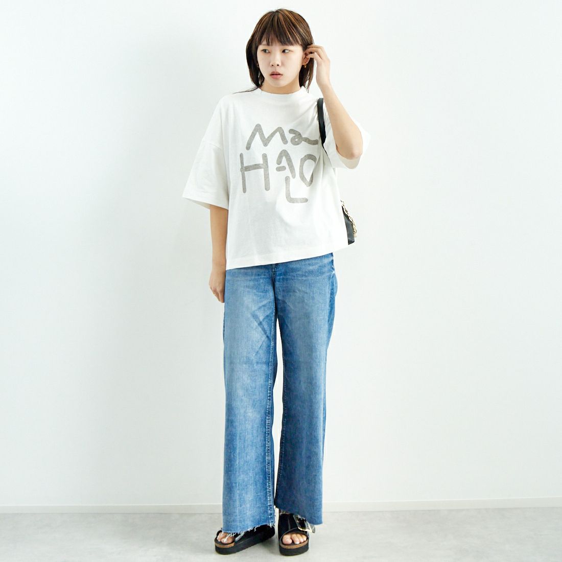 tumugu: [ツムグ] ラフィ天竺プリントTシャツ [TC25104] 02 OFF &&モデル身長：167cm 着用サイズ：F&&