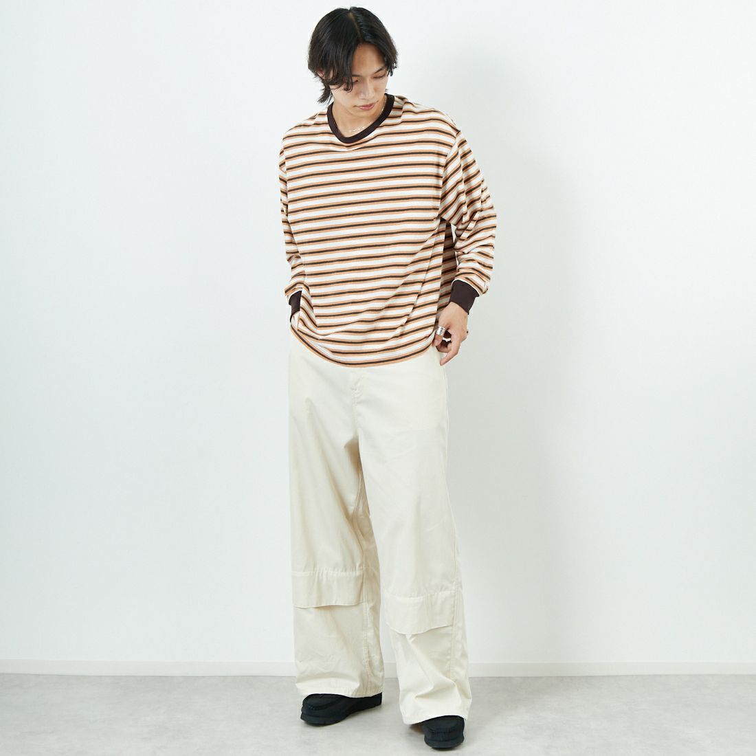 Name. [ネーム] ギザコットンギャバジン ベンチレーションレイヤードパンツ [NMPT-030] IVORY &&モデル身長：179cm 着用サイズ：1&&
