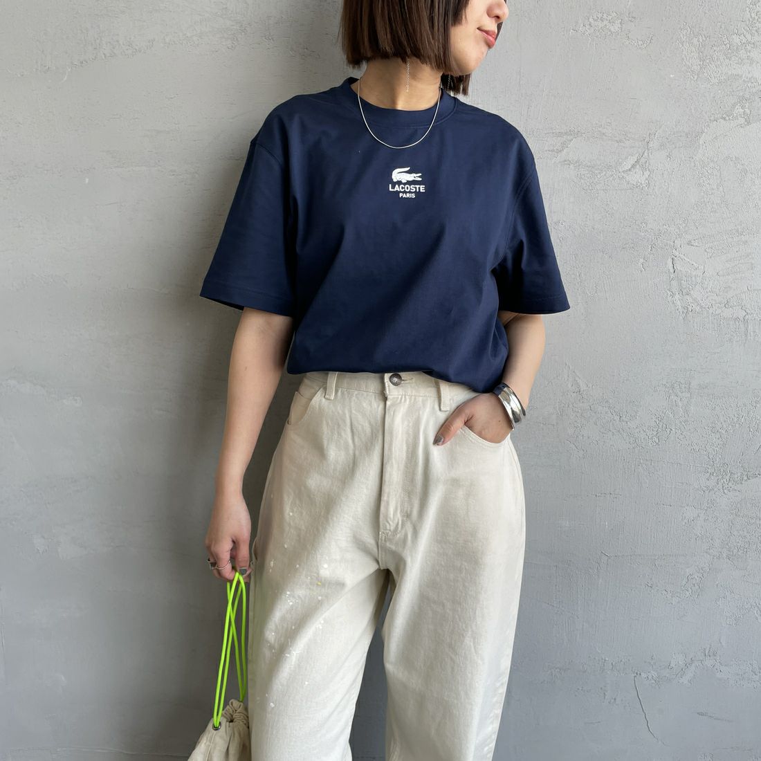 LACOSTE [ラコステ] スモールパリロゴクルーネックTシャツ [TH2739] 166 NAVY &&モデル身長：160cm 着用サイズ：F&&