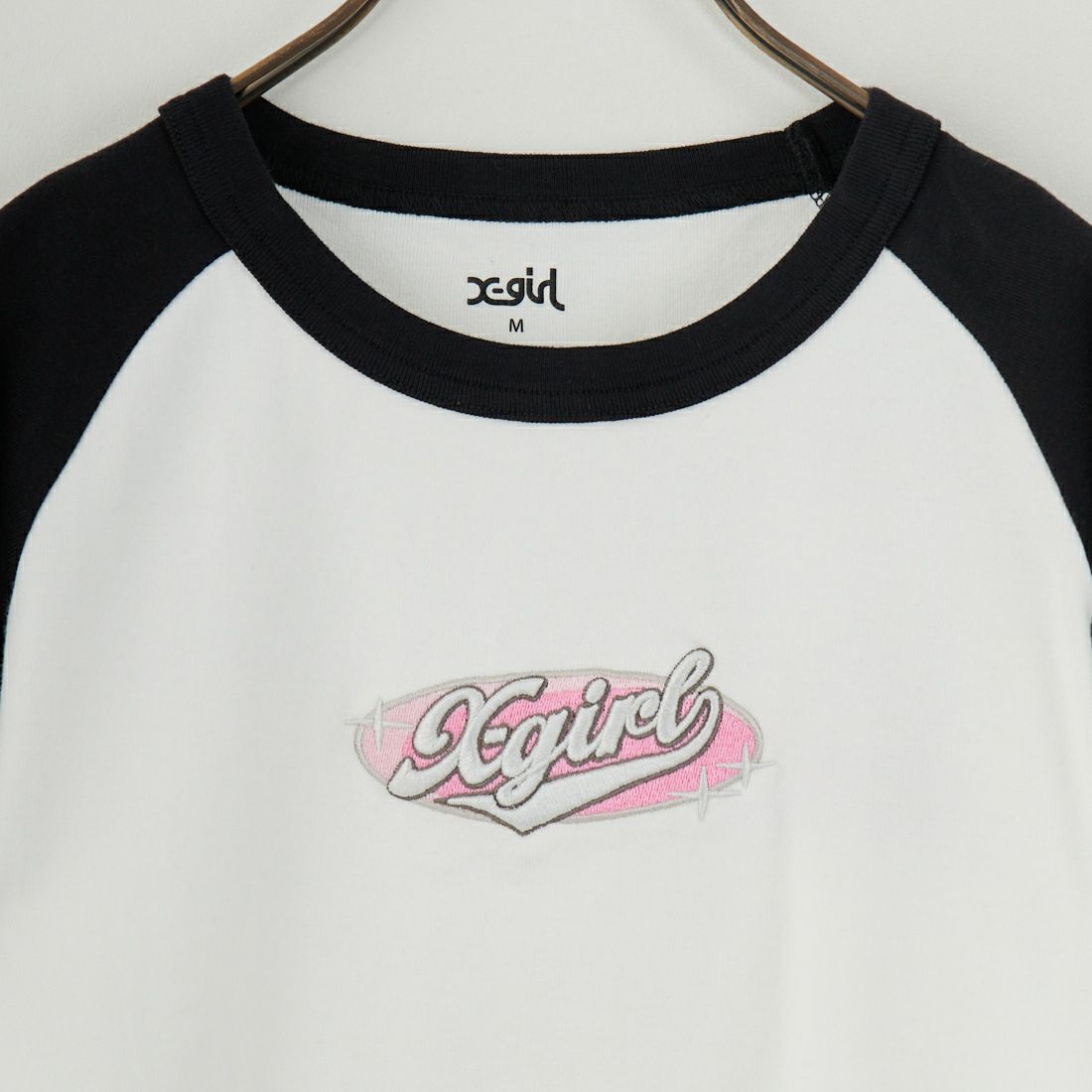 X-girl [エックスガール] オーバルロゴ刺繍 ラグランスリーブベビーTシャツ [105251011005] WHITE